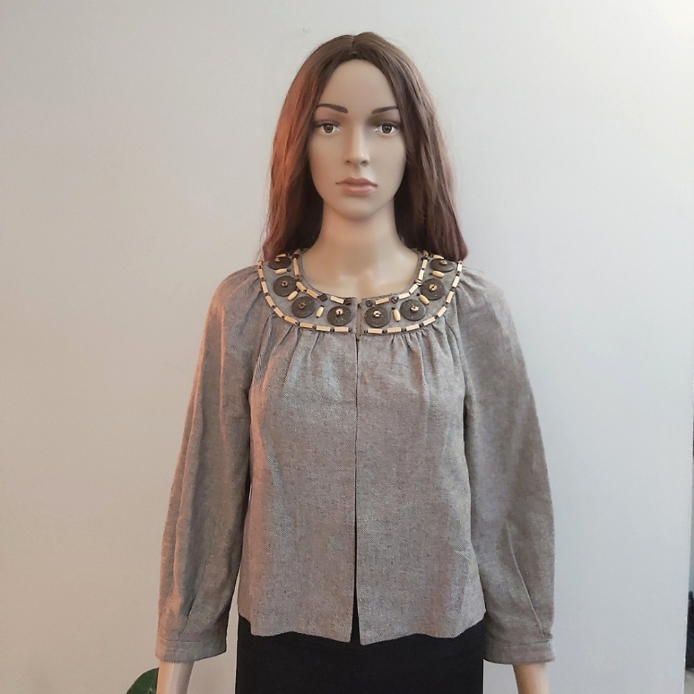 Michael Kors taupe khaki tan linen crop cardigan blazer jacket coconut beads